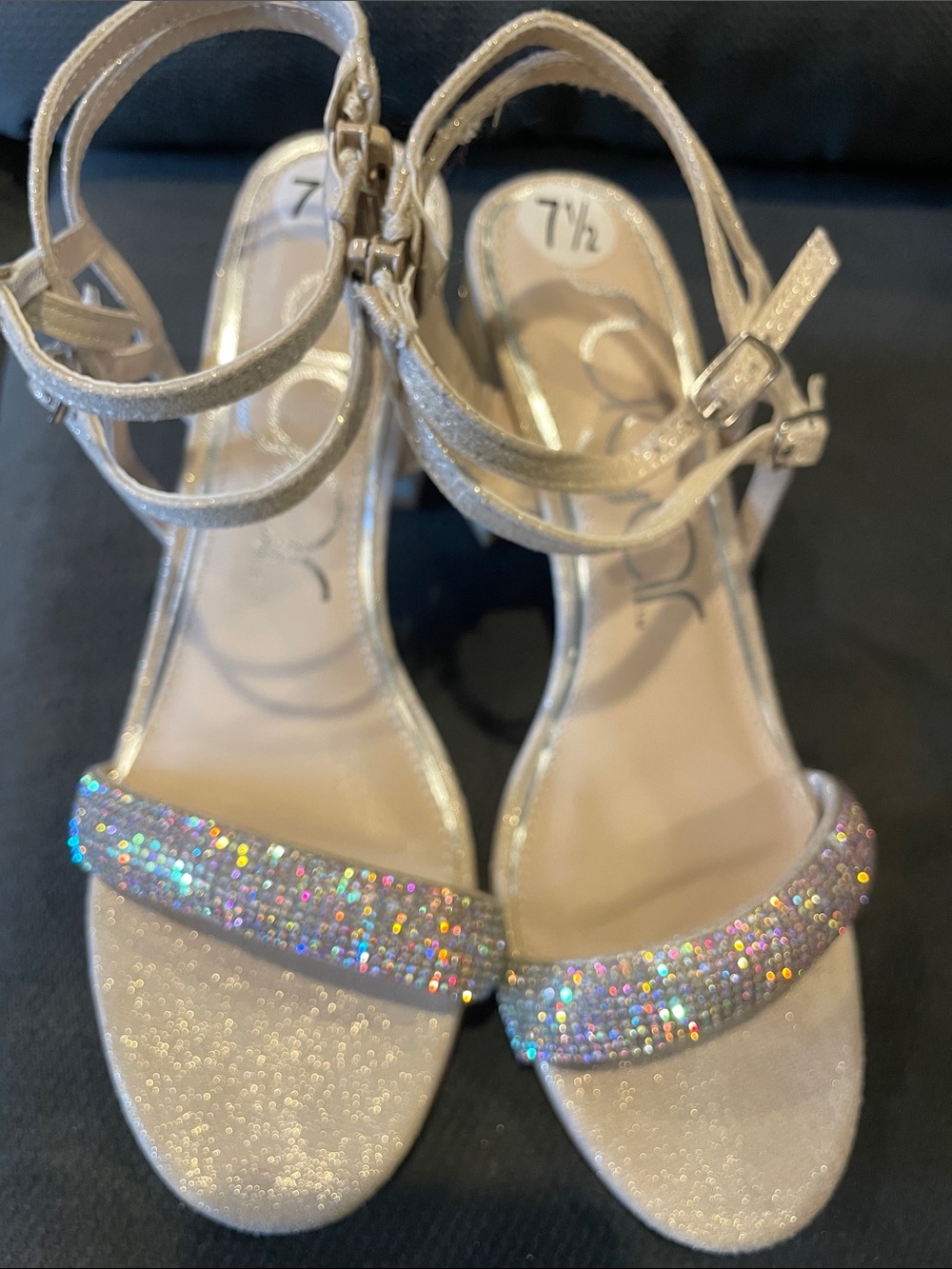 Sugar Silver Glitter Strappy Heels with Rhinestone Front